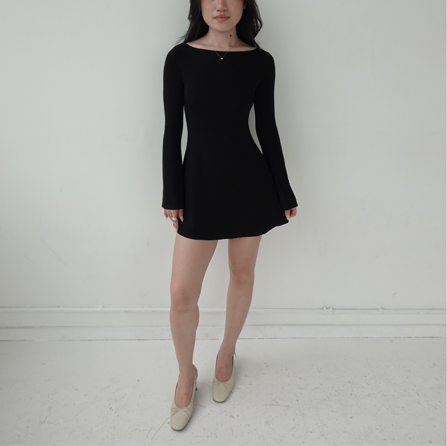 LAYLA Long Sleeve Boat Neck Mini Dress - Jet Black