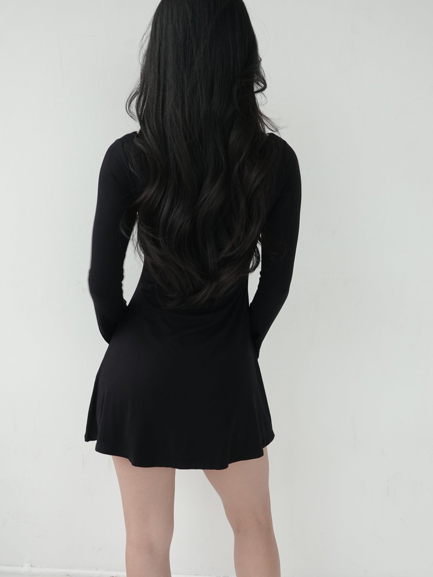 LAYLA Long Sleeve Boat Neck Mini Dress - Jet Black