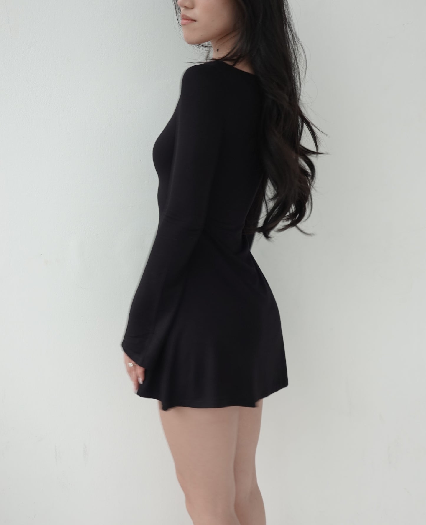 LAYLA Long Sleeve Boat Neck Mini Dress - Jet Black