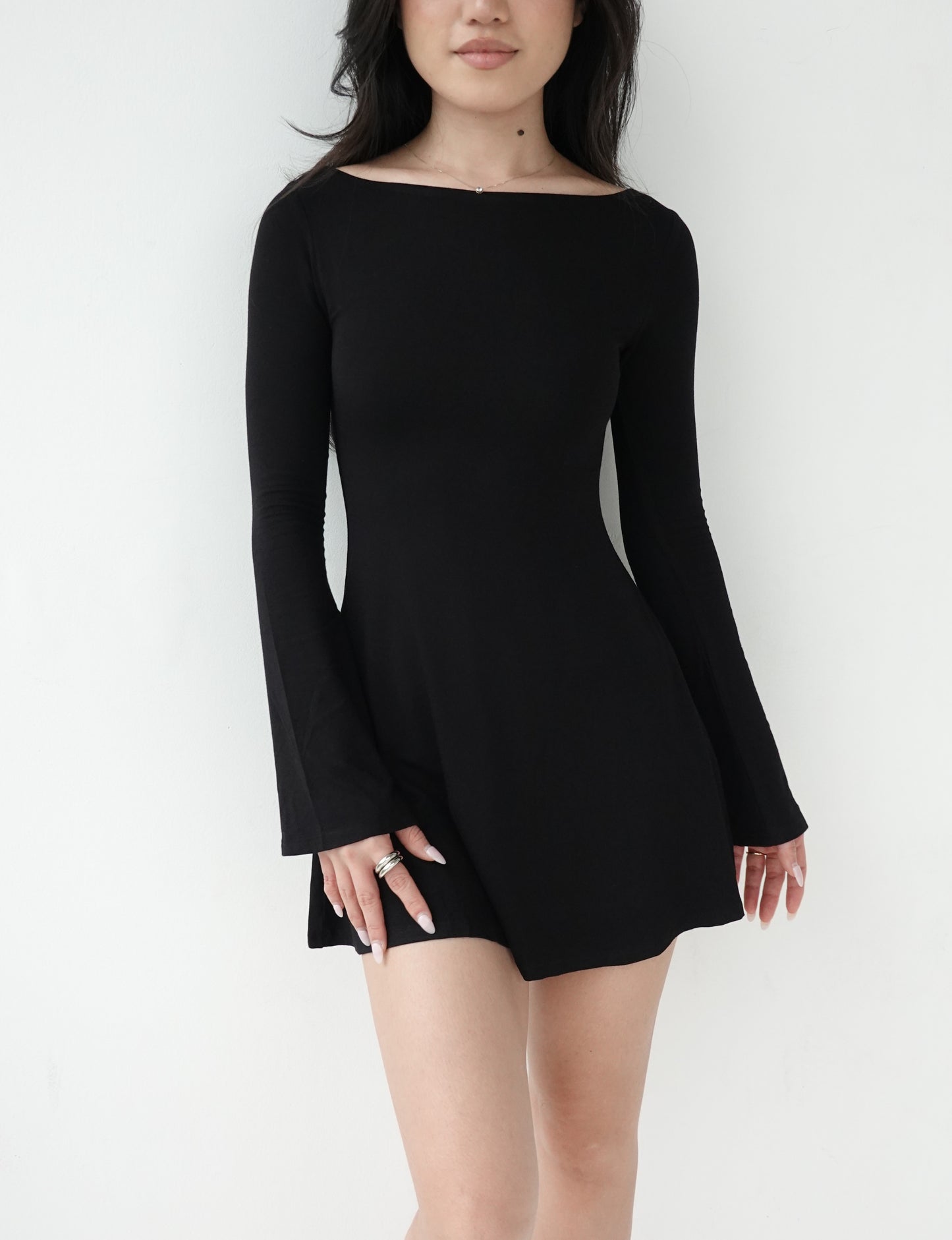 LAYLA Long Sleeve Boat Neck Mini Dress - Jet Black