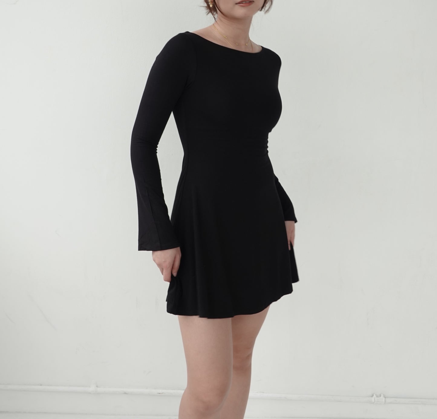LAYLA Long Sleeve Boat Neck Mini Dress - Jet Black