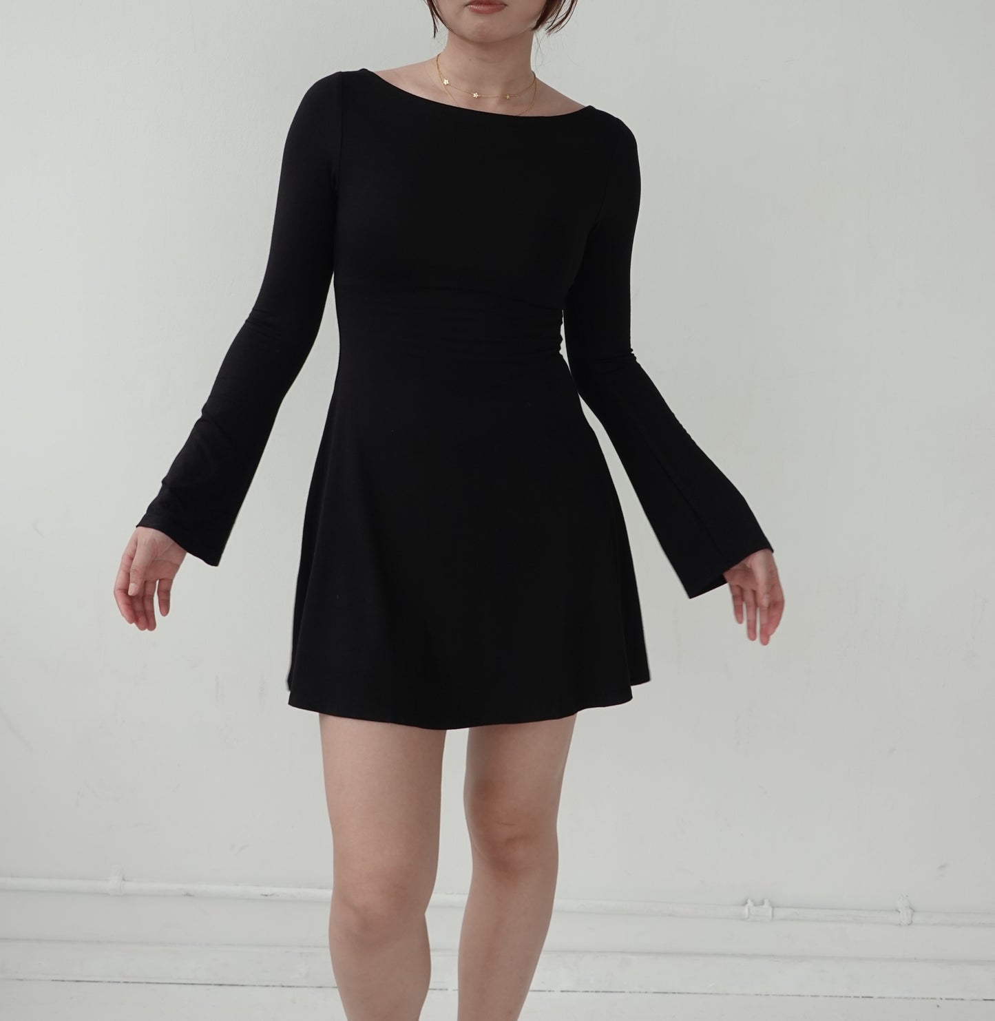 LAYLA Long Sleeve Boat Neck Mini Dress - Jet Black