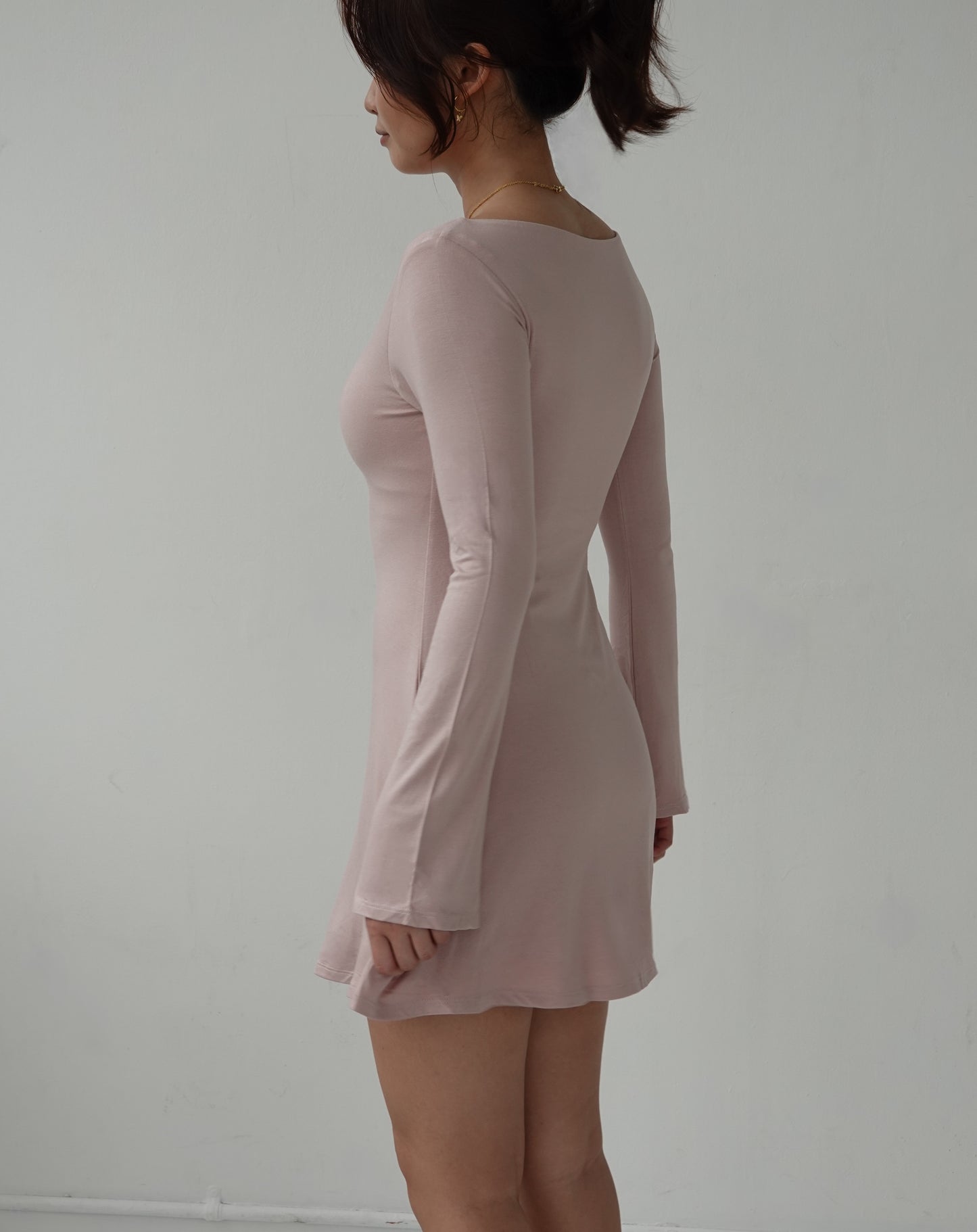 LAYLA Long Sleeve Boat Neck Mini Dress - Dusty Pink