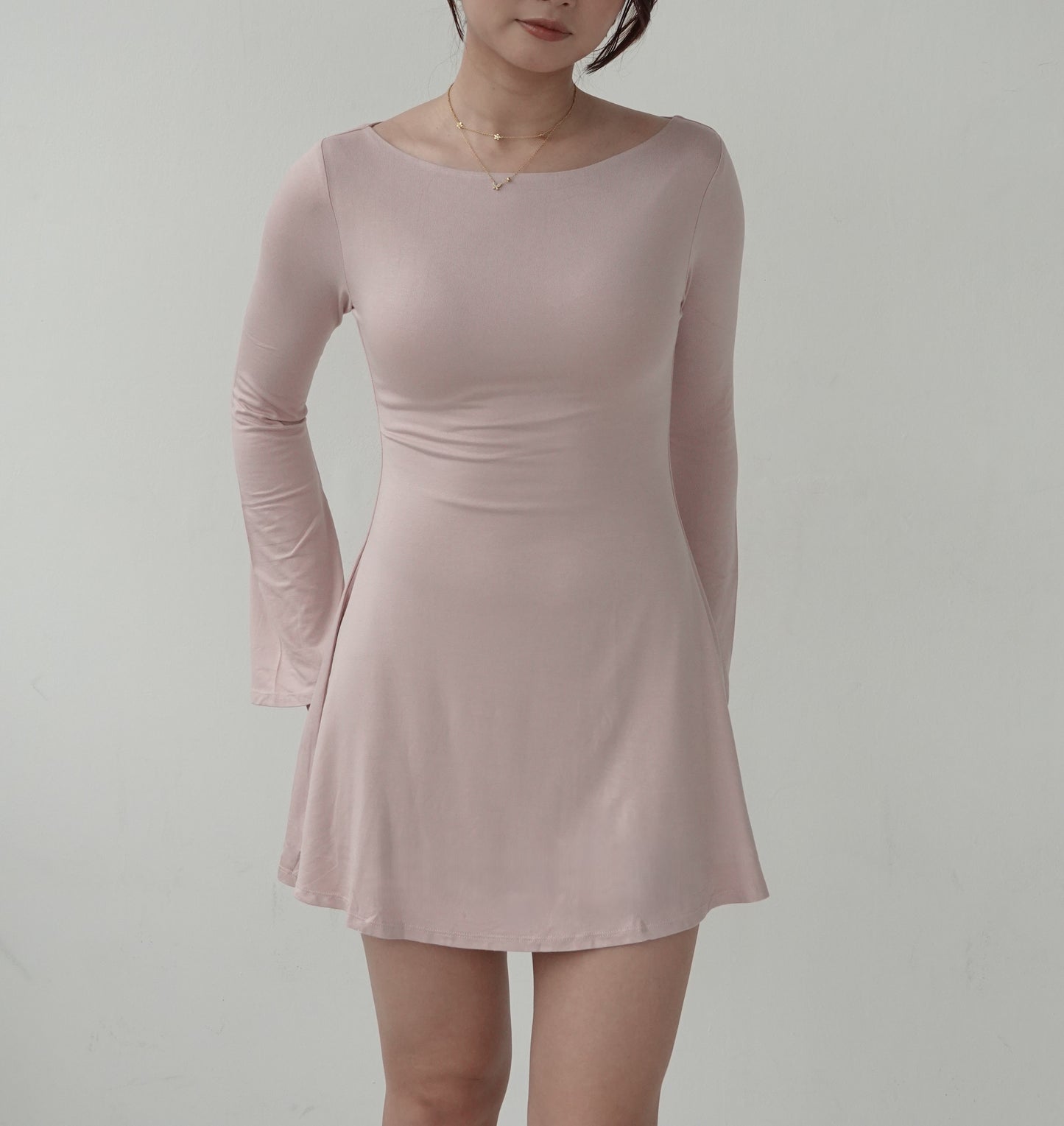 LAYLA Long Sleeve Boat Neck Mini Dress - Dusty Pink