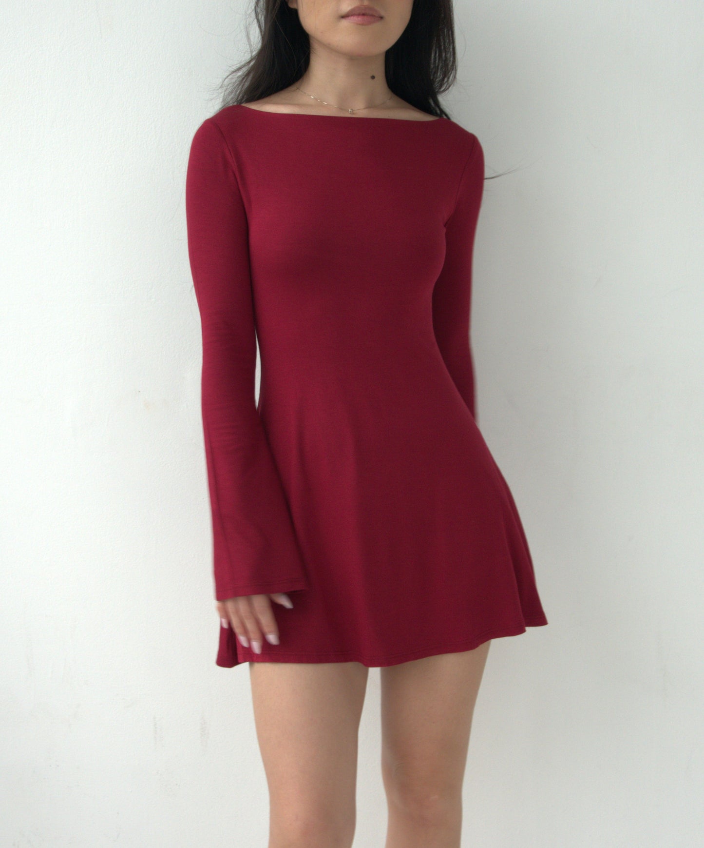 LAYLA Long Sleeve Boat Neck Mini Dress - Dark Red
