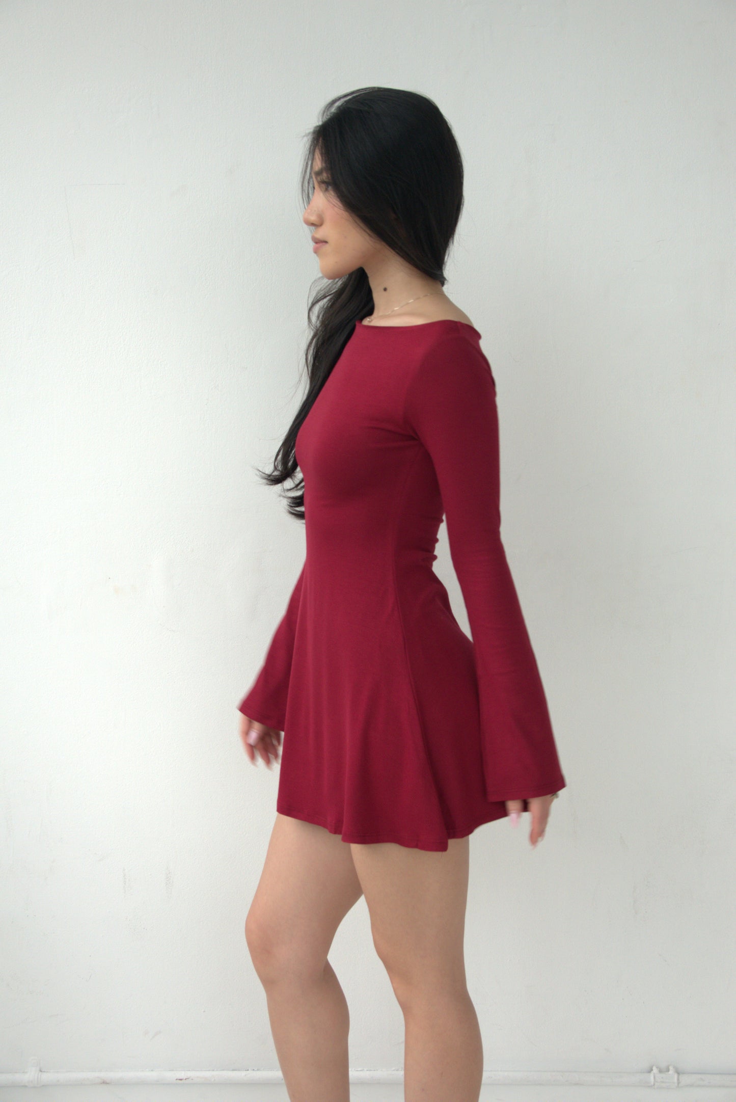 LAYLA Long Sleeve Boat Neck Mini Dress - Dark Red