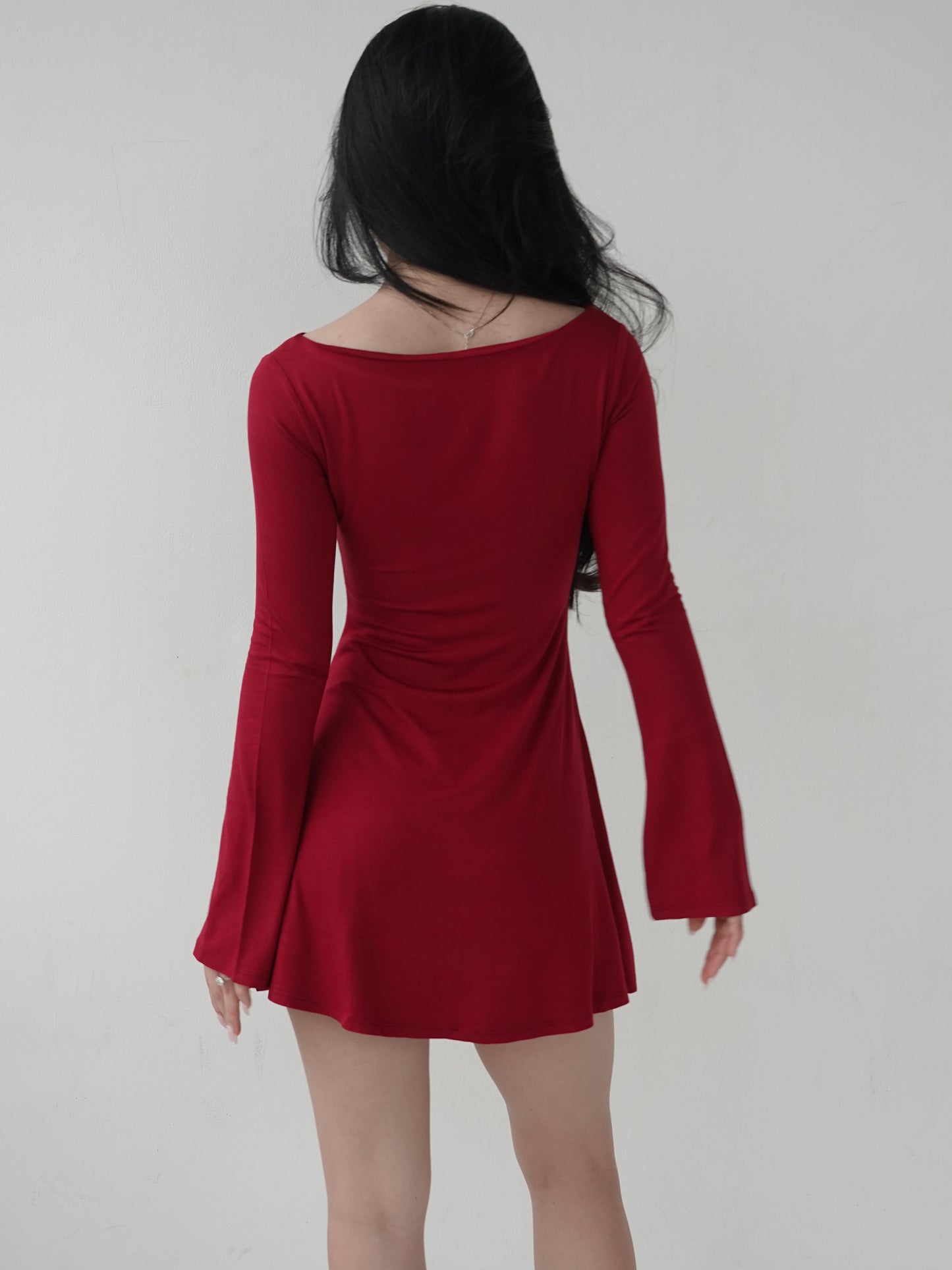 LAYLA Long Sleeve Boat Neck Mini Dress - Dark Red