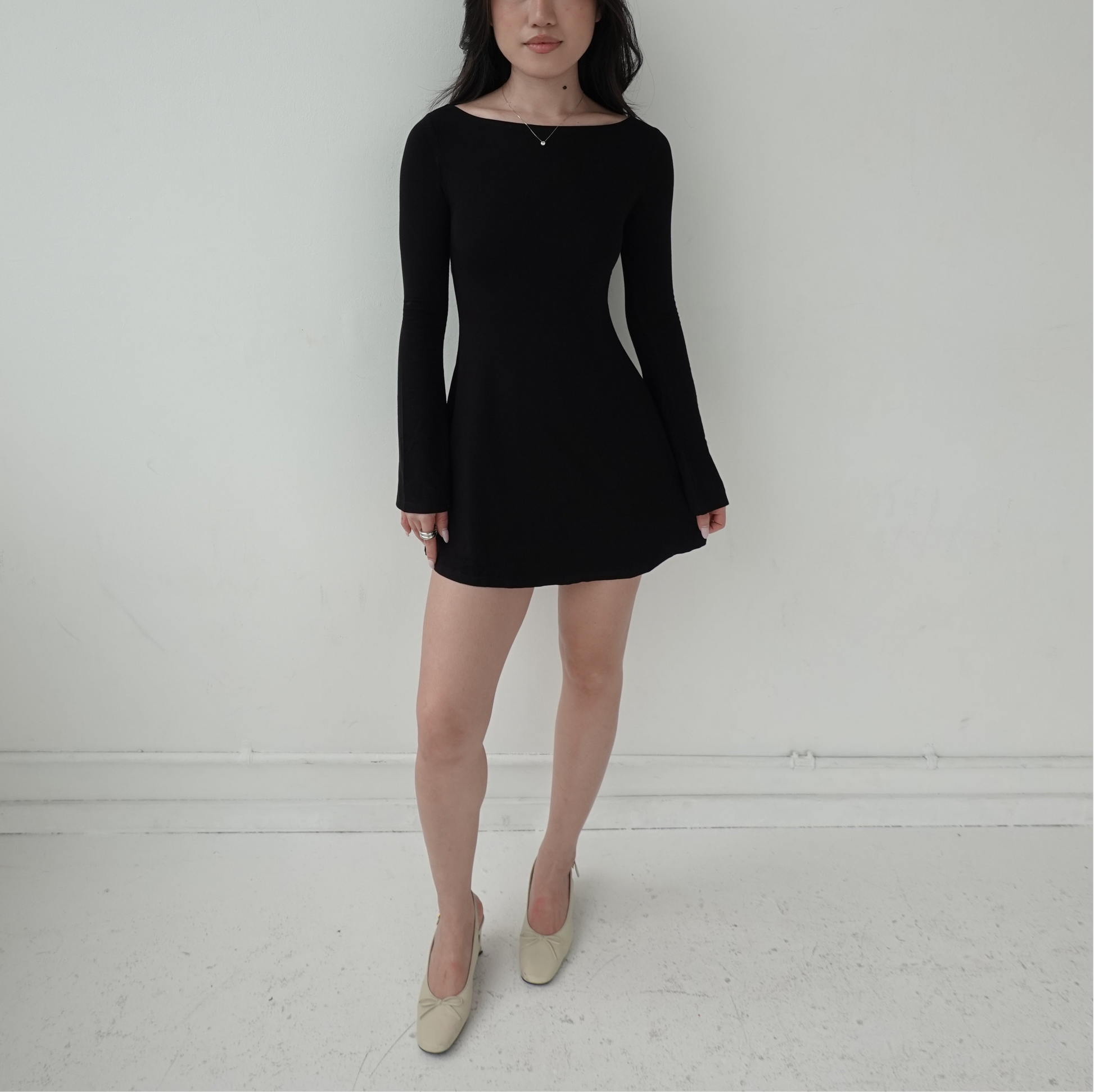 LAYLA Long Sleeve Boat Neck Mini Dress - Jet Black Emiu LAYLA Long Sleeve Boat Neck Mini Dress - Jet Black Emiu