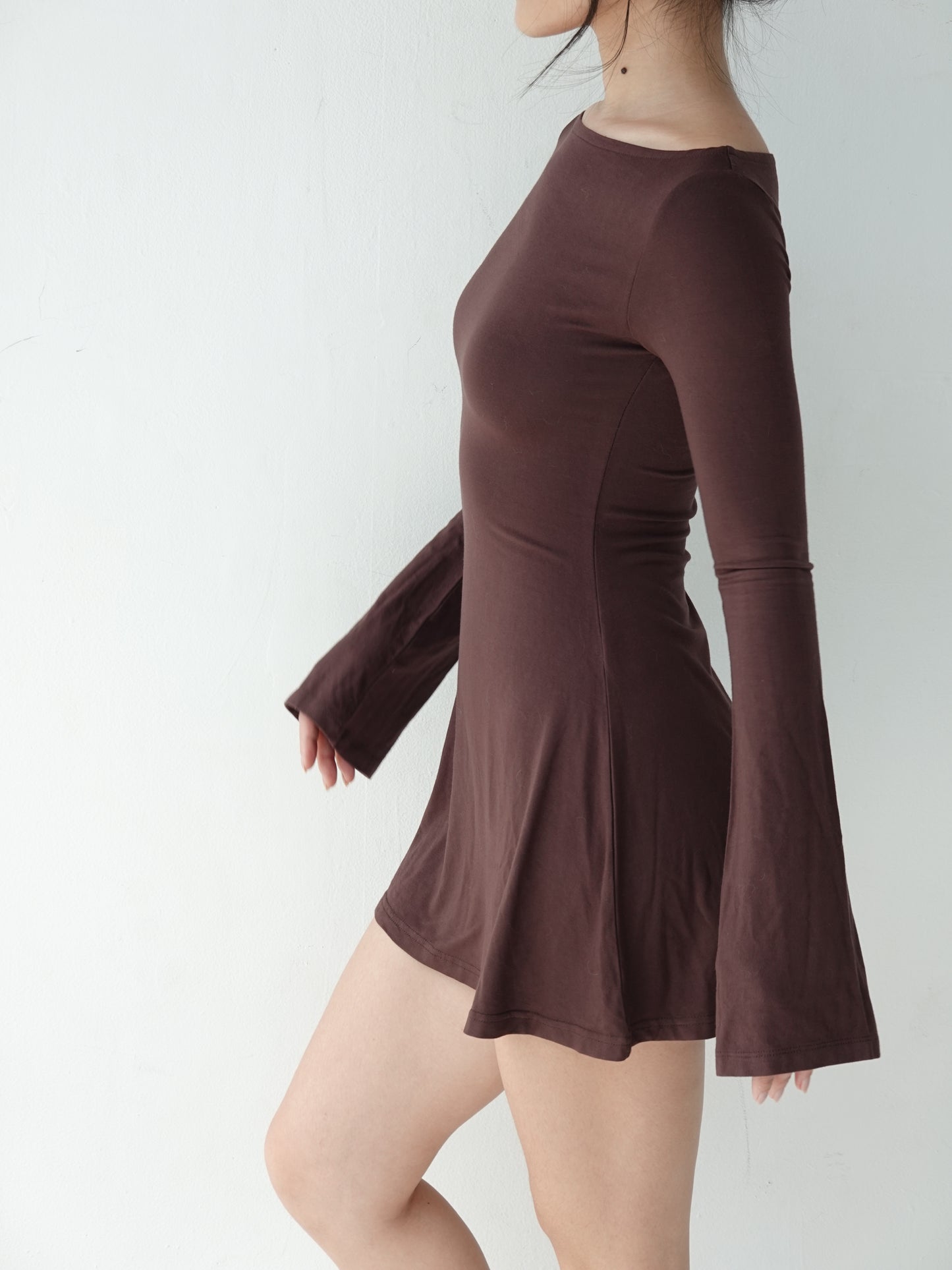 Long Sleeve Boat Neck Micro Mini Dress - Espresso