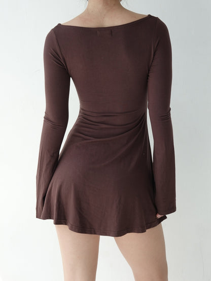 Long Sleeve Boat Neck Micro Mini Dress - Espresso