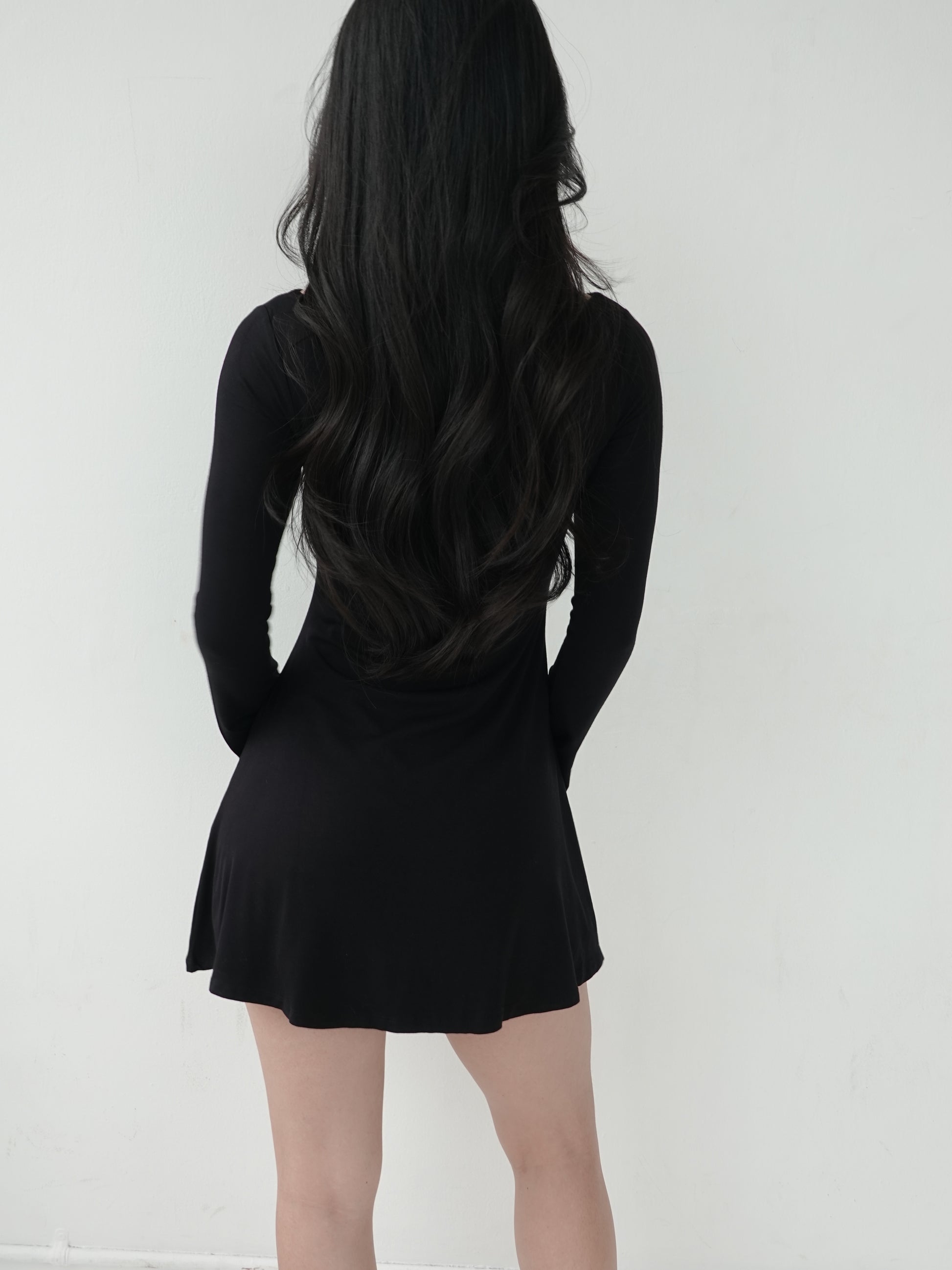 LAYLA Long Sleeve Boat Neck Mini Dress - Jet Black Emiu LAYLA Long Sleeve Boat Neck Mini Dress - Jet Black Emiu