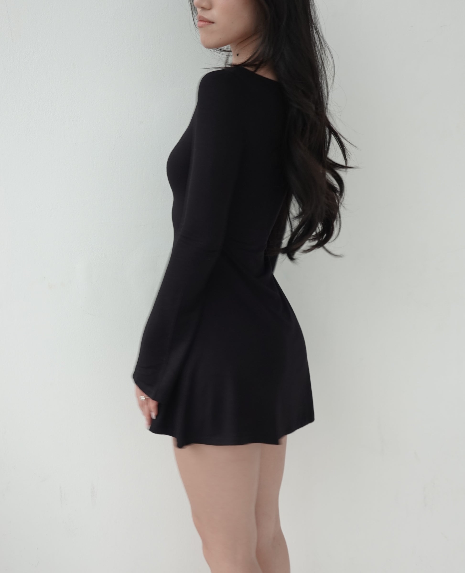 LAYLA Long Sleeve Boat Neck Mini Dress - Jet Black Emiu LAYLA Long Sleeve Boat Neck Mini Dress - Jet Black Emiu