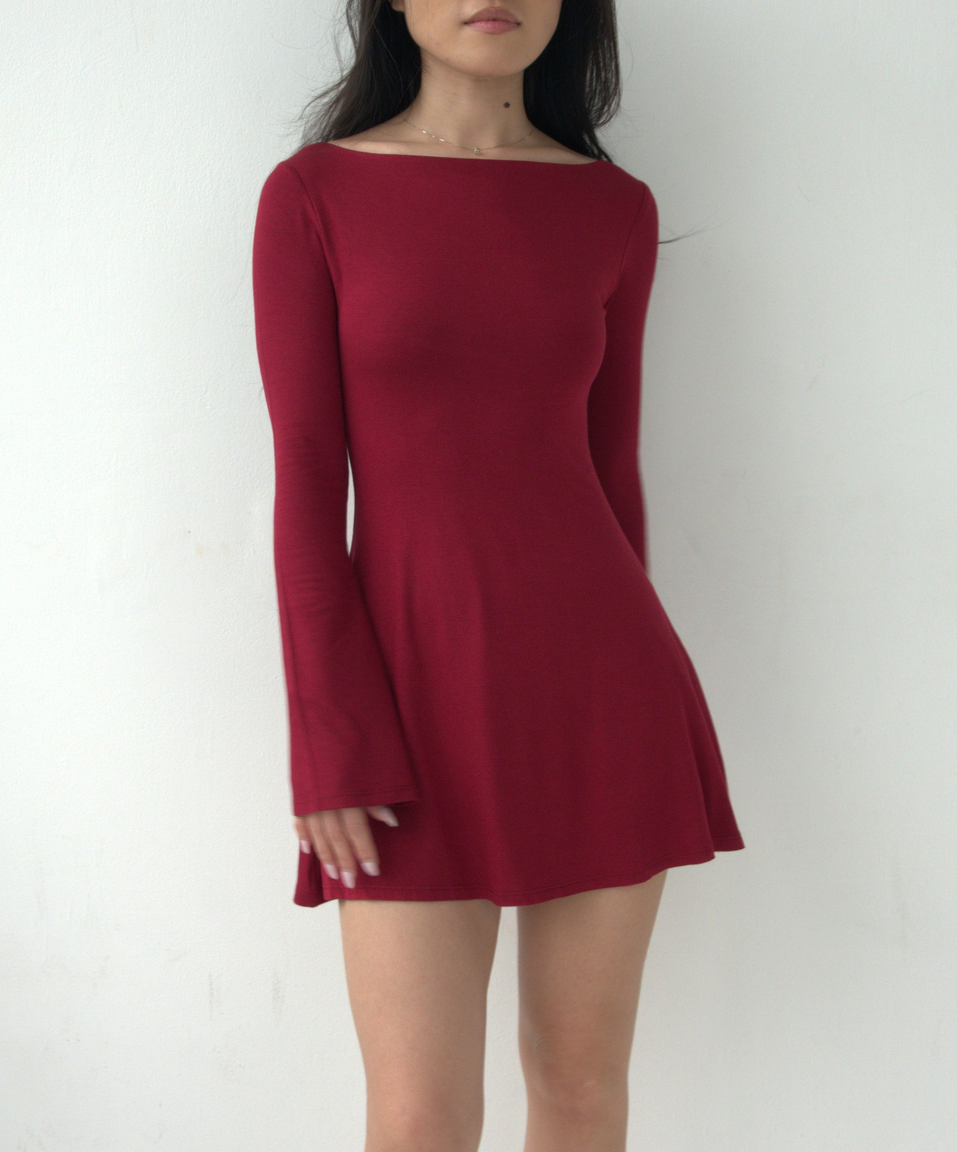 LAYLA Long Sleeve Boat Neck Mini Dress - Dark Red Emiu LAYLA Long Sleeve Boat Neck Mini Dress - Dark Red Emiu