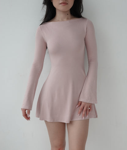 LAYLA Long Sleeve Boat Neck Mini Dress - Dusty Pink Emiu LAYLA Long Sleeve Boat Neck Mini Dress - Dusty Pink Emiu