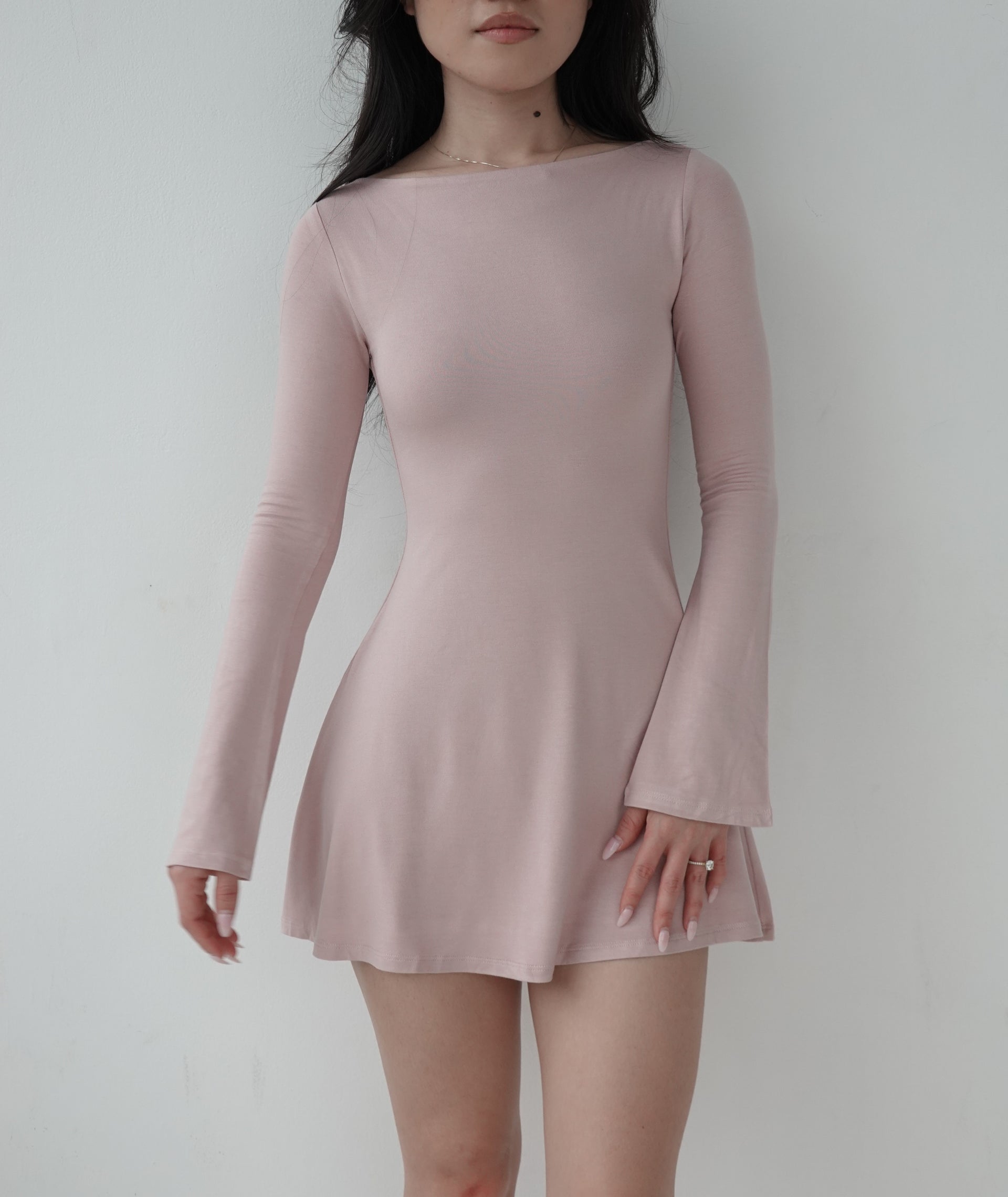 LAYLA Long Sleeve Boat Neck Mini Dress - Dusty Pink  Emiu