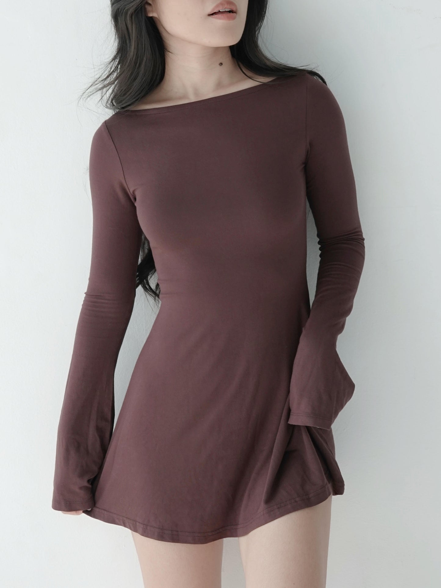 Long Sleeve Boat Neck Micro Mini Dress - Espresso